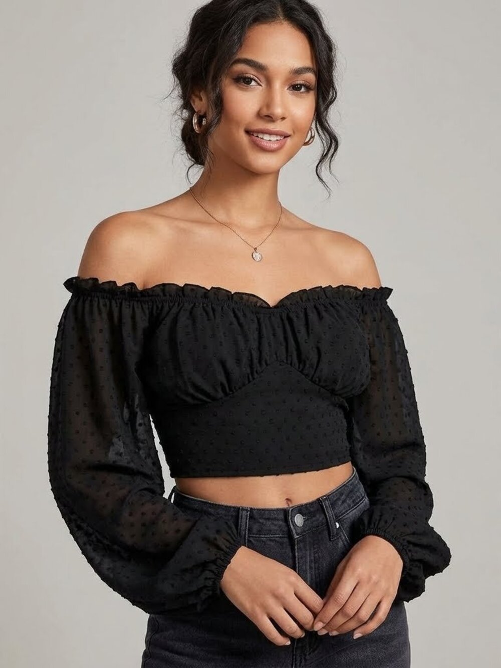SHEIN Black Ruched Bust Ruffle Cropped Blouse Balloon Sleeve Sz 2